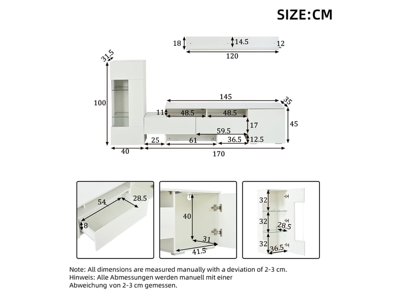 Meuble tv mural 3 éléments avec 1 porte, 2 tiroirs et led pilotées par téléphone pour salon, blanc, 170 × 35 × 45 cm - Conforama E