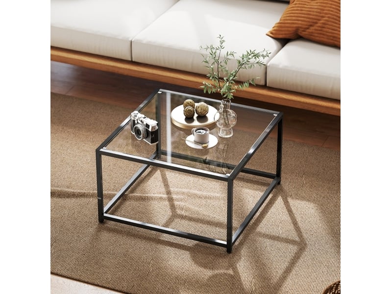 Table basse carrée en verre trempé avec structure en acier, style industriel, pour salon, 68 × 68 × 39 cm, noir - Conforama C