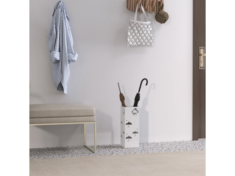  Porte-parapluie en acier avec bac égouttoir, crochets pour parapluies pliants et design décoratif 15,5 x 15,5 x 41 cm blanc  - Conforama D