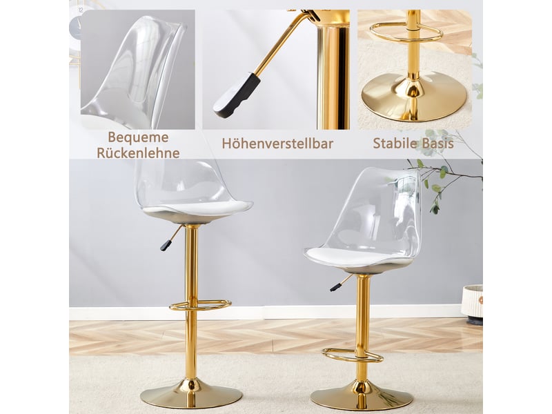  Lot de 2 tabourets de bar réglables,45,7x53,3 cm,avec dossier transparent doré,pu,blanc  - Conforama E