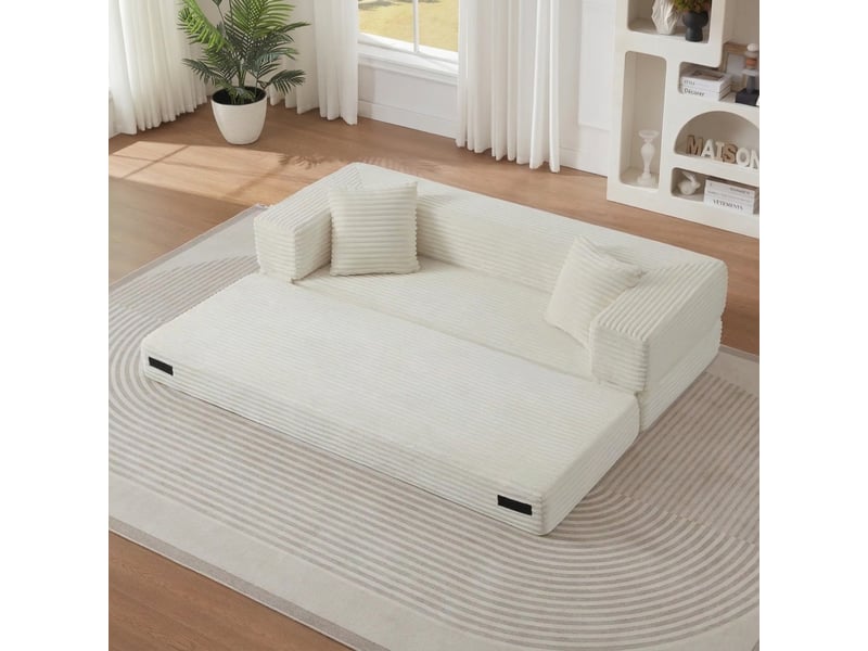  Canapé convertible 3 places en velours côtelé blanc design carré classique  - Conforama C