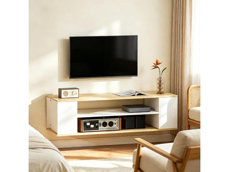  Meuble tv bas polyvalent à roulettes, meuble multimédia moderne, meuble de salon élégant, naturel, blanc  - Conforama E