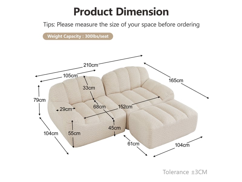  Canapé d'angle modulaire 2 places avec ottoman, assise ergonomique et modules flexibles en fleece granuleux beige  - Conforama E
