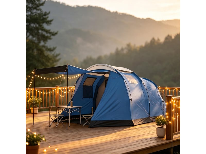 Tente tunnel 4 personnes bleue, étanche 3000 mm, double paroi, hauteur 190 cm  - Conforama D