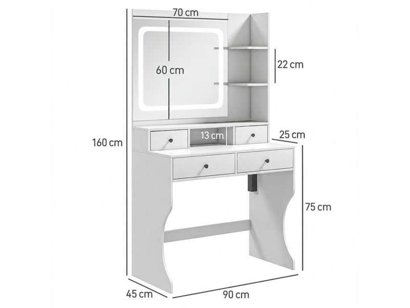Coiffeuse blanche avec miroir led 3 teintes, 4 tiroirs, 4 étagères, 2 prises et 2 ports usb, 90 x 45 x 160 cm - Conforama E