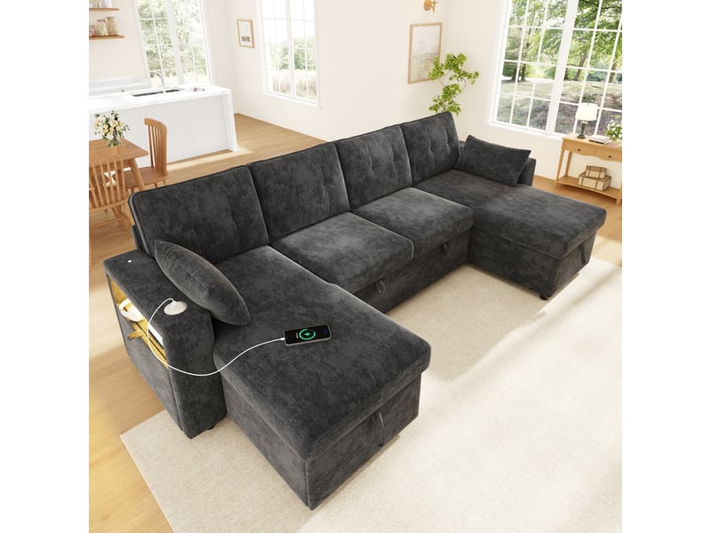 Canapé d'angle convertible 4 places 273x131x83 cm en chenille avec 2 méridiennes coffre, rangement, led, usb type-c - gris - Conforama D
