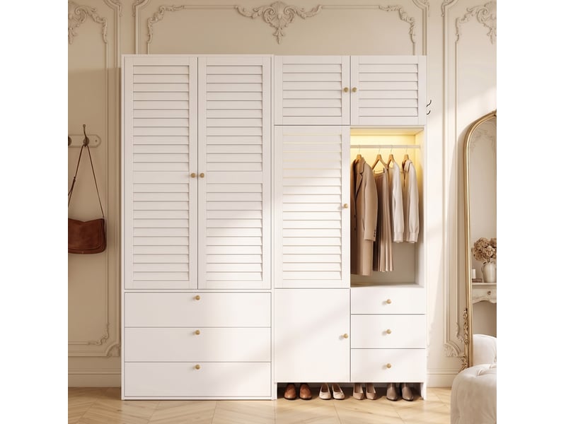  Armoire 180x50x200 cm avec panier à linge et led, panneau de particules, couleur blanc  - Conforama B