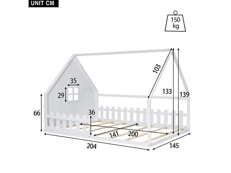  Lit enfant cabane 140 x 200 cm avec barrières, bois et sommier à lattes blanc  - Conforama C