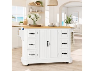 Desserte de cuisine 142x45-75,5x91 cm, 6 tiroirs et 2 portes, avec roulettes, en mdf et métal, couleur blanc et bois