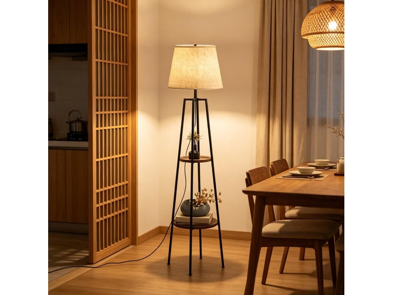  Lampadaire moderne 42x42x166 cm avec deux tablettes mdf métal noir et marron  - Conforama B