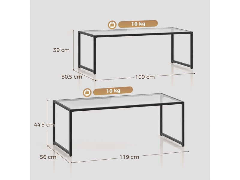  Lot de 2 tables basses gigognes tables de salon rectangulaires design en acier noir et plateaux en trempé verre  - Conforama C