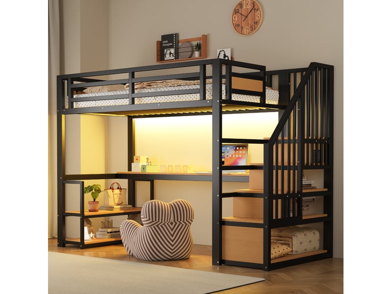  Lit mezzanine 90x200 cm avec bureau et rangements en métal noir  - Conforama B