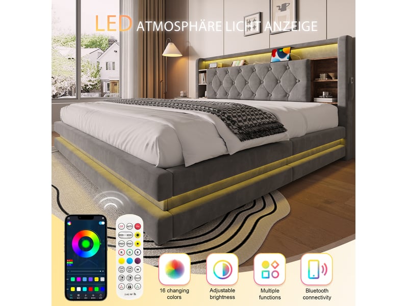  Lit coffre 2 places 180x200 cm en velours gris foncé avec led, usb et tête de lit multifonction, sans matelas  - Conforama D