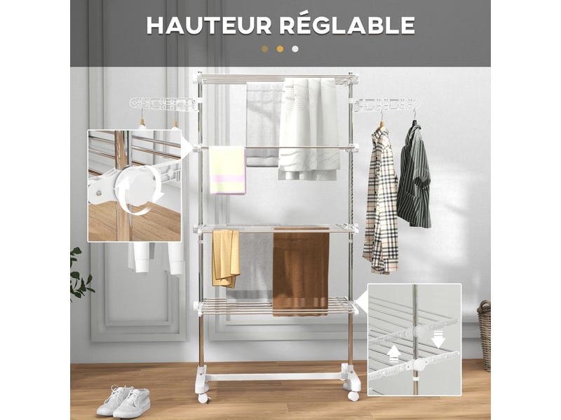  Séchoir à linge pliable 4 niveaux en acier blanc 142 x 55 x 172 cm  - Conforama D