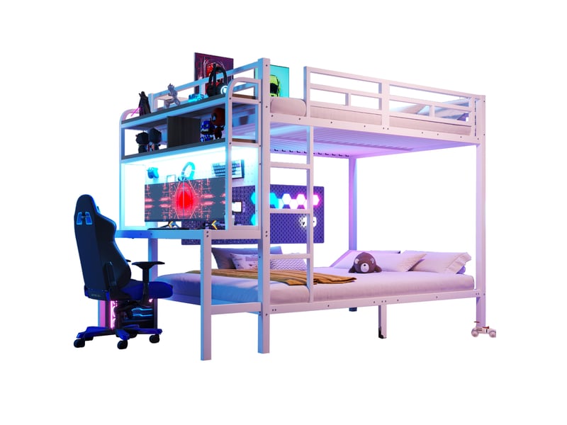  Lit superposé enfant 140 x 200 cm blanc en métal et mdf avec bureau, led et usb  - Conforama A