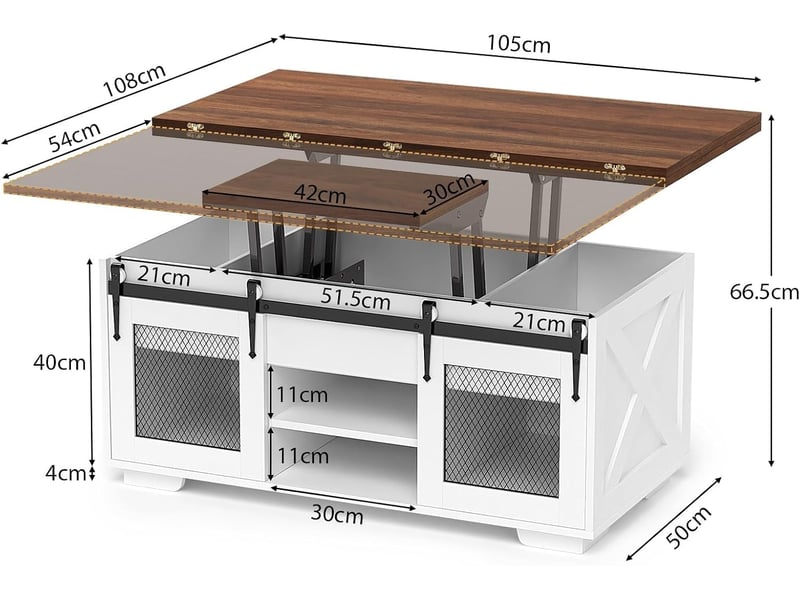  Table basse relevable, extensible et multifonctionnelle 3 en 1 avec rangement dissimulé - salle à manger, convertible, style campagnard, noyer  - Conforama C