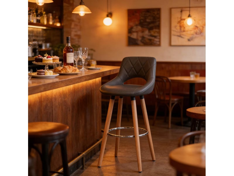  Tabouret de bar en cuir synthétique avec dossier ergonomique et patins antidérapants, gris en bois massif  - Conforama C