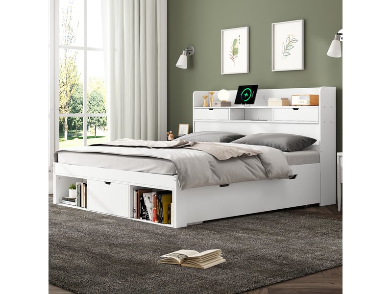  Lit enfant et adolescent 160 x 200 cm blanc avec rangements et ports usbtype-c  - Conforama B
