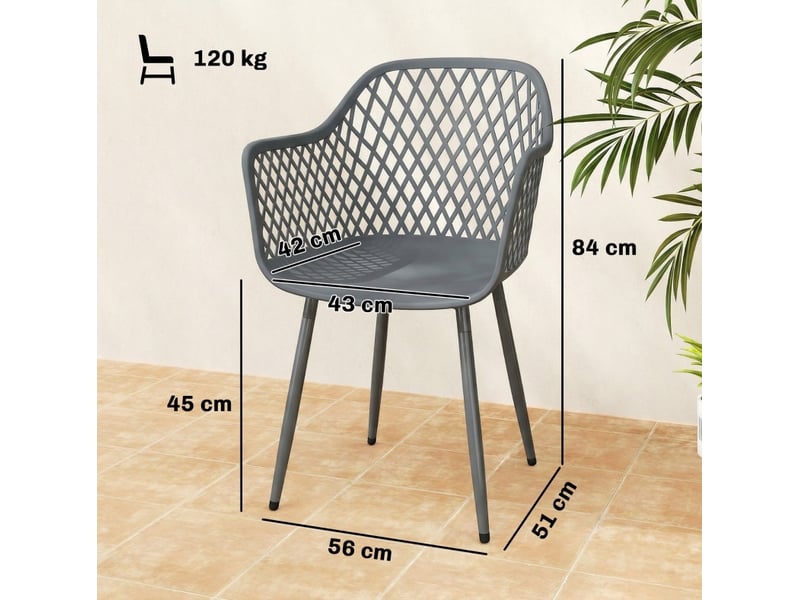  Lot de 4 chaises de jardin 56x51x84 cm résistantes aux uv avec accoudoirs et dossier, métal, gris foncé  - Conforama C