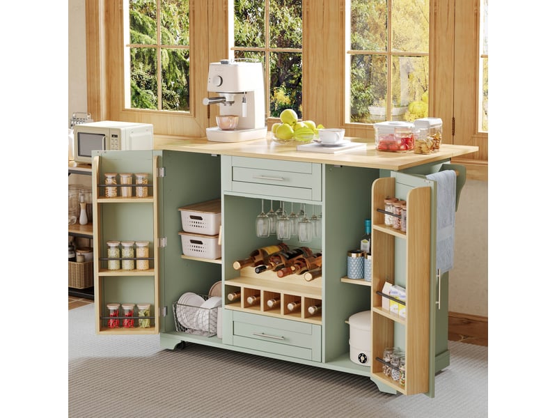  Desserte de cuisine à roulettes 138x4570x92 cm avec plateau rabattable vert antique  - Conforama D