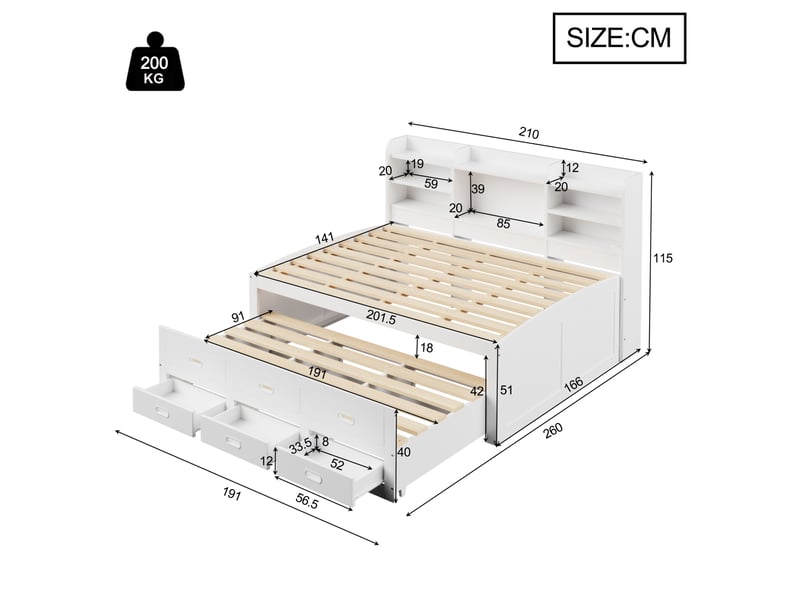  Lit gigogne 140x200 cm avec 3 tiroirs, led et ports usbtype-c, blanc  - Conforama E