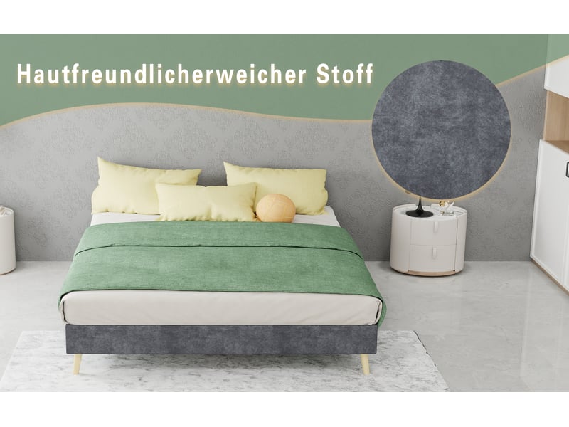  Cadre de lit 140x200 cm gris en tissu avec sommier à lattes  - Conforama W