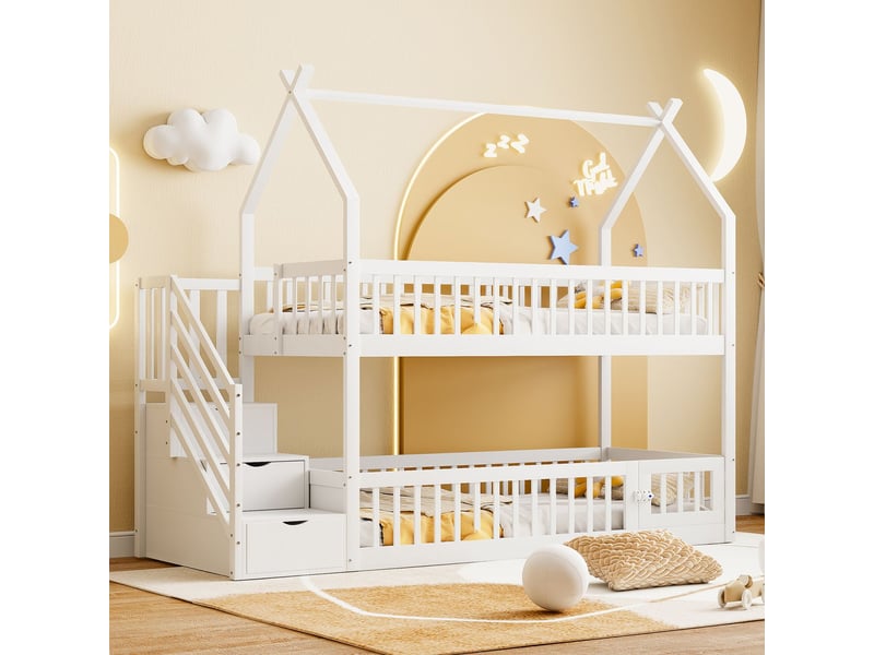  Lit superposé enfant 90x200, sécurité escalier lit cabane, bois massif, rangement intégré  - Conforama A