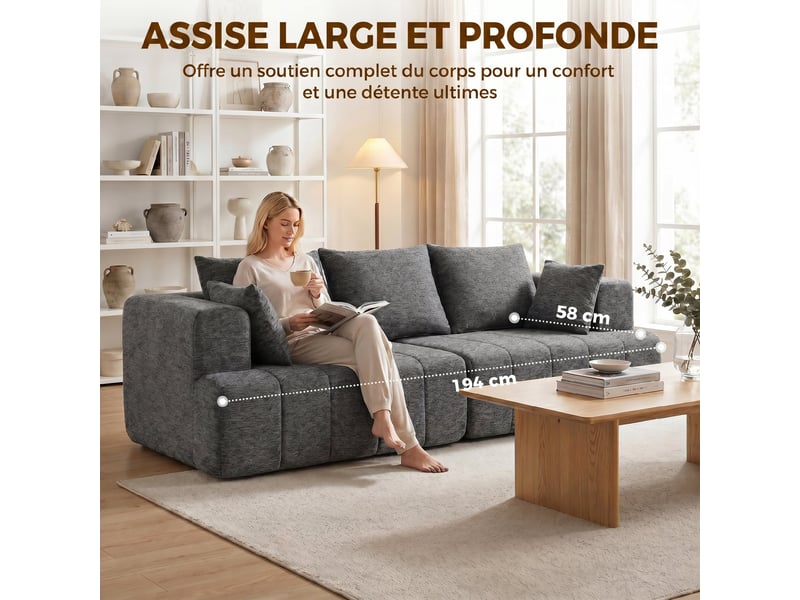  Canapé 3 places en chenille 248 cm, canapé salon moderne, large assise rembourrée, gris, coussins à ressorts  - Conforama R