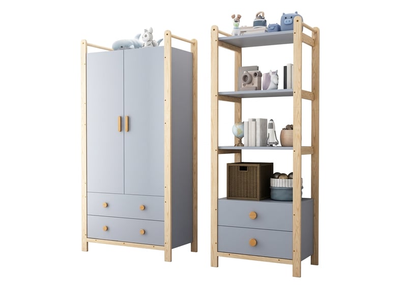  Ensemble armoire et étagère enfant en bois massif bleu et naturel, meuble de rangement 180 cm  - Conforama A