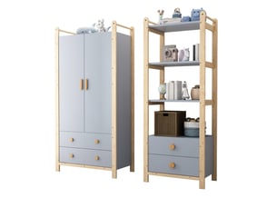 Ensemble armoire et étagère enfant en bois massif bleu et naturel, meuble de rangement 180 cm