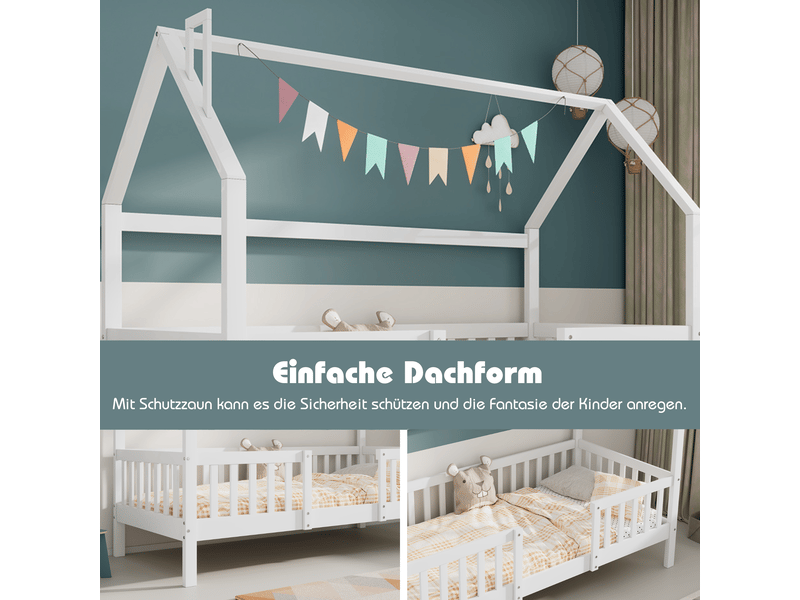 Lit cabane enfant 90x200 en bois, lit maison avec cheminée et barrière, sommier inclus, blanc classique pour garçons et filles  - Conforama E
