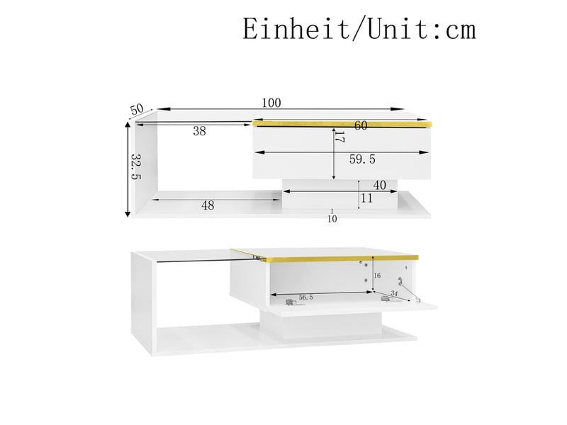 Table basse 100x50x32,5 cm avec led et plateau en verre trempé, rangement fermé et niche, panneaux de particules, blanc ABC - Conforama C