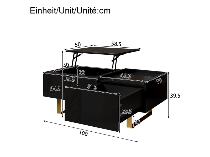 Table basse réglable en hauteur, table basse de rangement en mdf finition brillante, table basse avec tiroir et pieds en fer, table de salon moderne - Conforama C