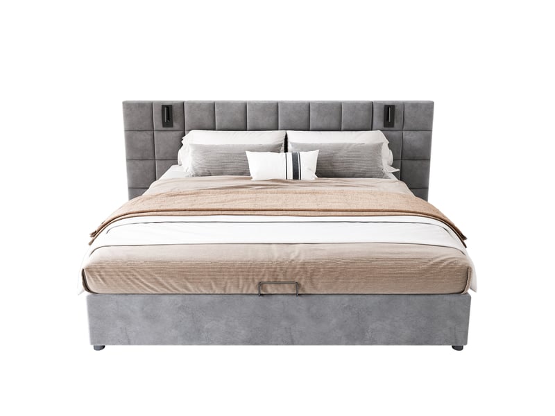  Lit capitonné, lit coffre hydraulique avec lampe orientable et port usb, tête de lit large et rembourrée de mousse, motif à damier, structure en acier, sans table de chevet, velours, 180 x 200 cm, gris  - Conforama A