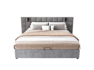 Lit capitonné, lit coffre hydraulique avec lampe orientable et port usb, tête de lit large et rembourrée de mousse, motif à damier, structure en acier, sans table de chevet, velours, 180 x 200 cm, gris