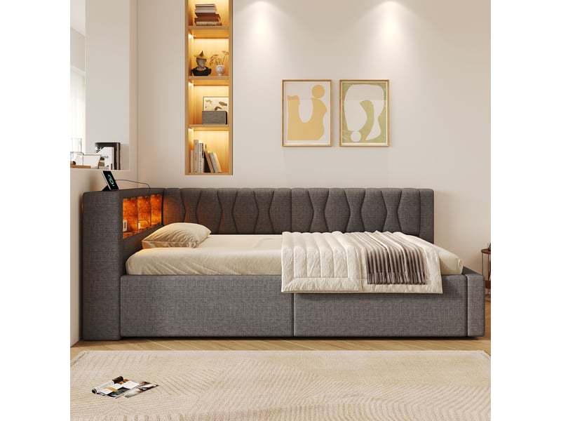  Lit banquette 90x200cm, gris, sans matelas, relevage hydraulique, pour chambre moderne et pratique  - Conforama C