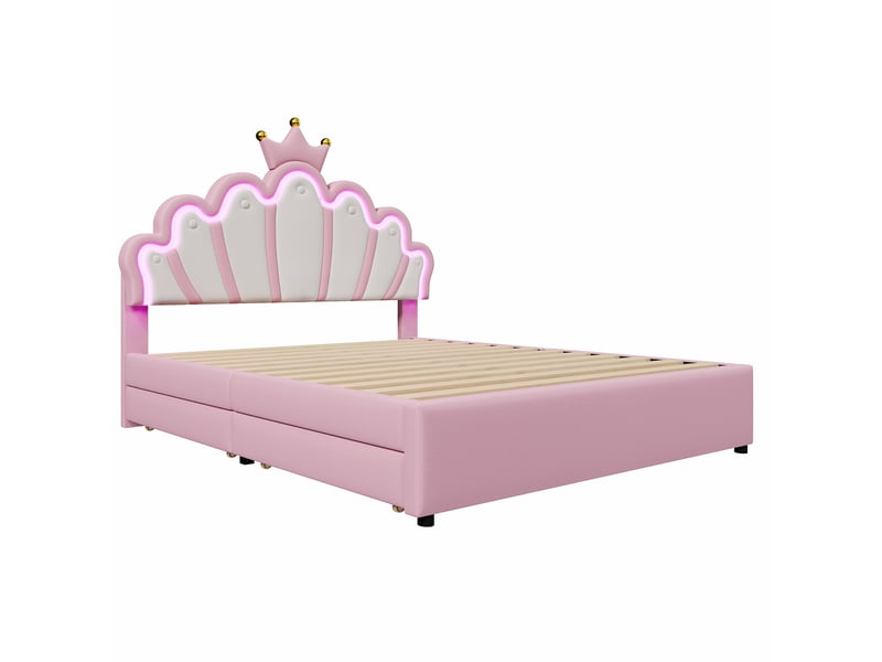  Lit rembourré rose 140x200 cm style princesse avec led, 2 tiroirs et tête réglable  - Conforama E