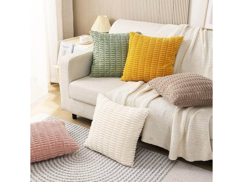  Lot de 2 housse de coussin - 45 x 45 cm lot de 2 housses de coussin décoratives douces et unies en velours côtelé à rayures pour canapé et salon bleu clair  - Conforama C
