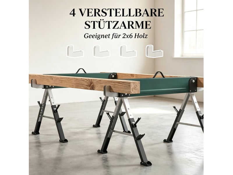  Lot de 2 tréteaux de sciage pliables 116 x 64 x 64-81 cm vert en métal, hauteur réglable  - Conforama E