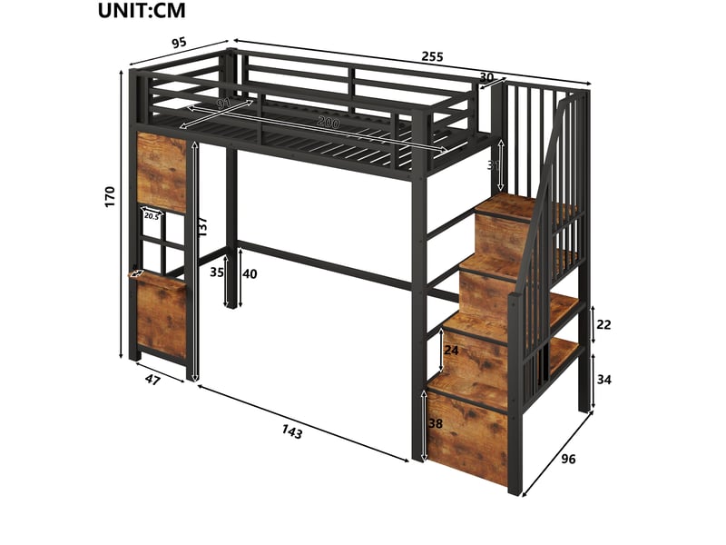  Lit mezzanine enfant 90 × 200 cm avec escalier de rangement, garde-corps, étagères latérales et espace ouvert, noir  - Conforama C