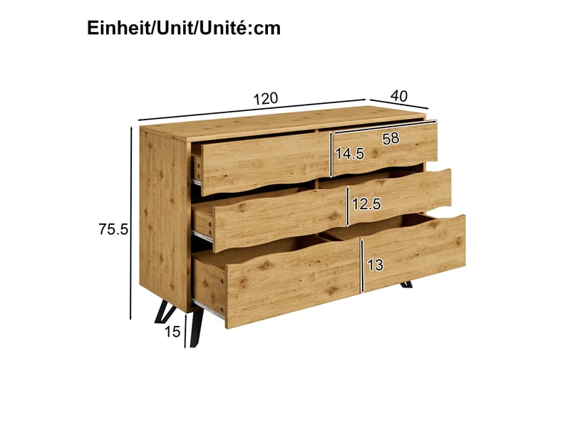  Buffet à 6 tiroirs avec façades ondulées, effet bois et pieds en métal noir, 120 × 40 × 75,5 cm  - Conforama D