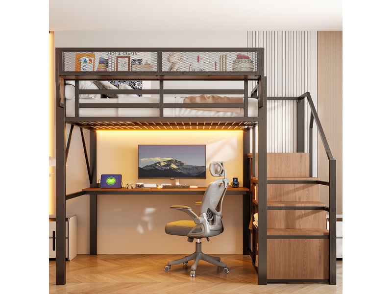  Lit mezzanine 140 × 200 cm avec bureau long, étagères modulables, led et échelle de sécurité, noir 255 × 145 × 191 cm  - Conforama E