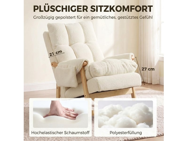  Rocking-chair avec deux poches latérales et patins en feutre, assise rembourrée en flanelle polyester blanc crème  - Conforama D