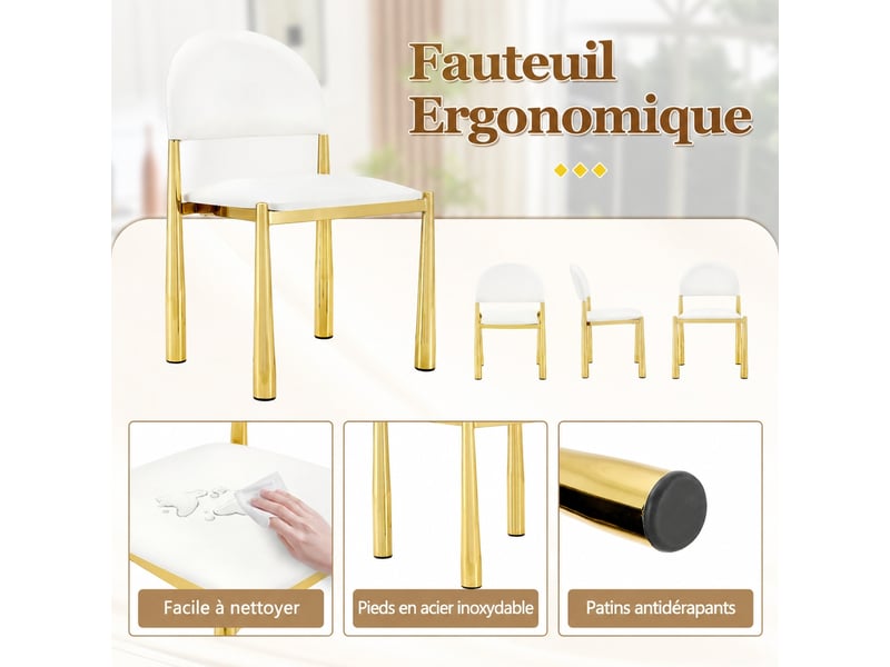  Chaises de salle à manger par 2, simili blanc, pieds métal doré, h. 80 cm  - Conforama D