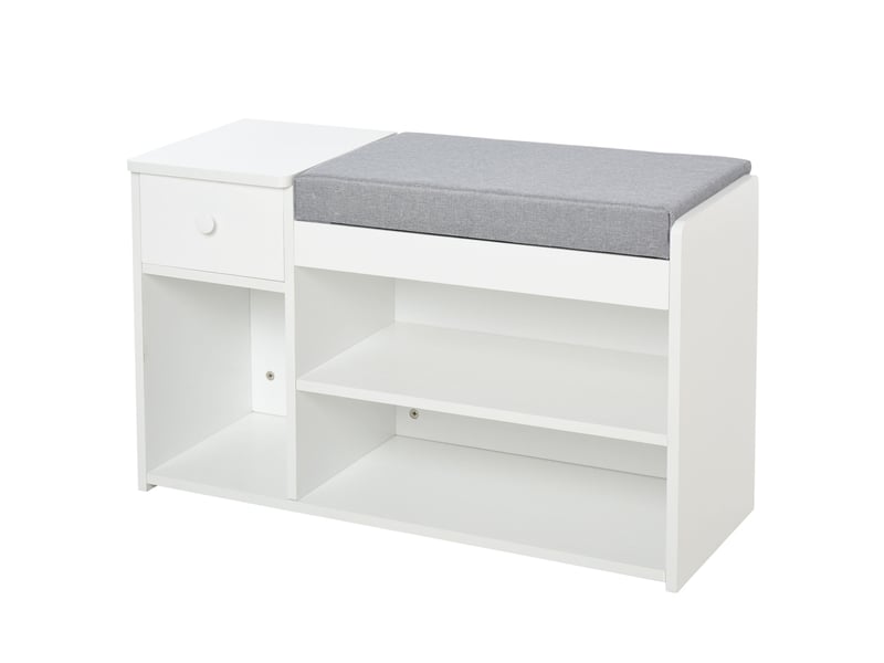  Banc à chaussures avec coussin, tiroir et 3 compartiments ouverts en bois, 81 x 31,5 x 49 cm, blanc  - Conforama A