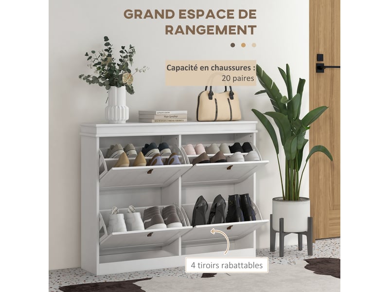 Meuble à chaussures 20 paires, armoire à chaussures, 4 tiroirs rabattables, étagères réglables, 105x24x82,5cm, blanc - Conforama E