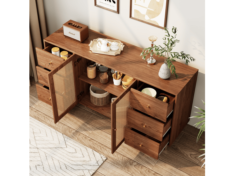 Buffet bas 160 cm marron bois en mdf avec 6 tiroirs et 2 portes en rotin - Conforama D