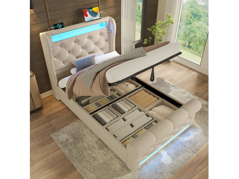  Modenvie lit coffre 90x200 cm - led, rangement et ports usb-c, matelas inclus - beige  - Conforama B