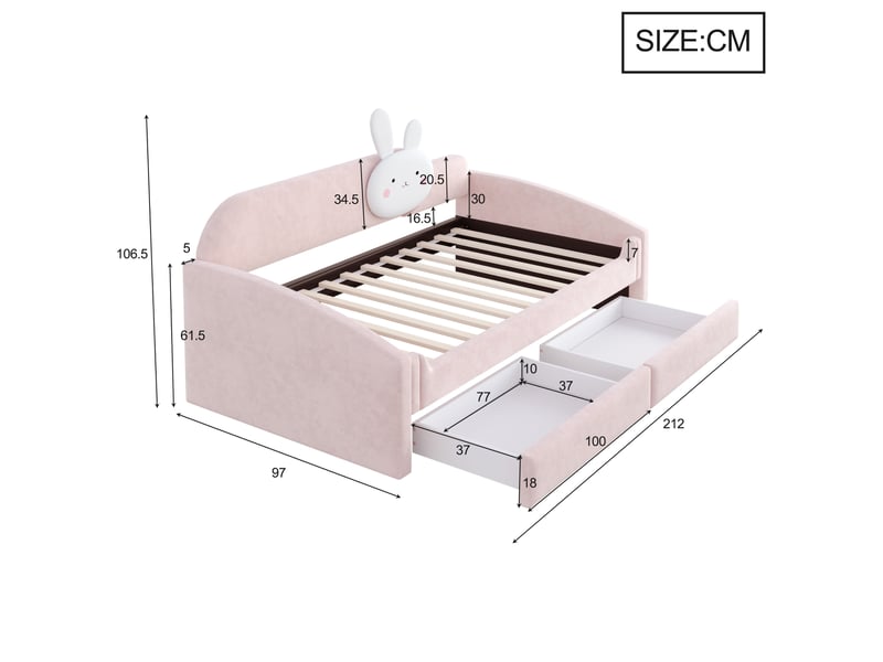  Lit banquette enfant 90 × 200 cm, 2 tiroirs, coussin lapin, côtés rembourrés, led, sommier à lattes, velours rose  - Conforama C