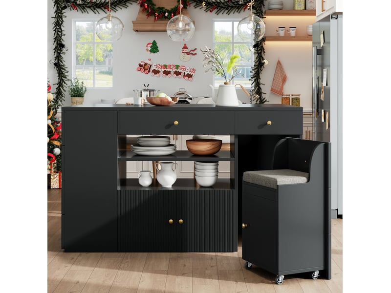  Desserte de cuisine 140x40-70x90.5 cm, 6 tiroirs et tabouret de rangement, mdf et métal, couleur noir  - Conforama B